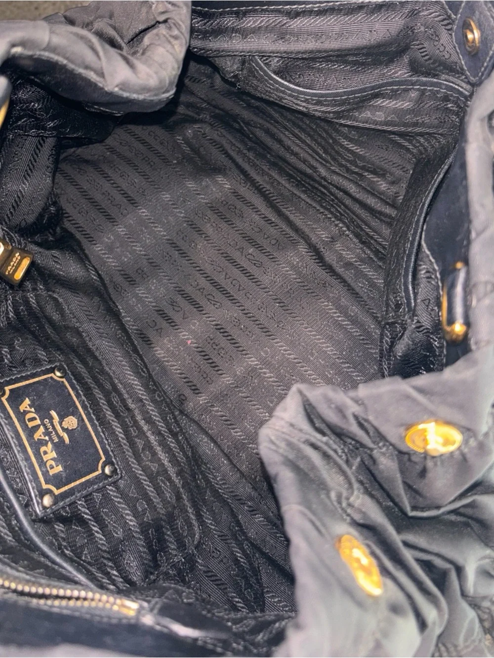 Prada Black Gathered Nylon Tote with Gold Hardware and Matching Wallet